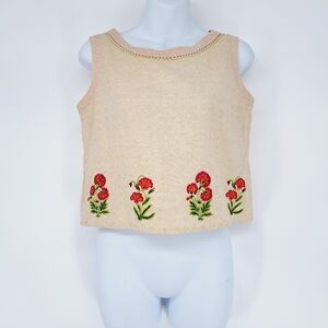 MAX Cotton‎ Flex Blend Embroidered Poppies Button Back Cropped Blouse Size Small
